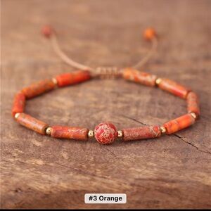 Imperial Jasper Stone & Gold Tone Beaded Bracelet w/Central Focal Bead, Adj